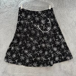 Lapis Large A-Line Skirt Black with Cream Flowers‎ Asymmetrical Front Pocket